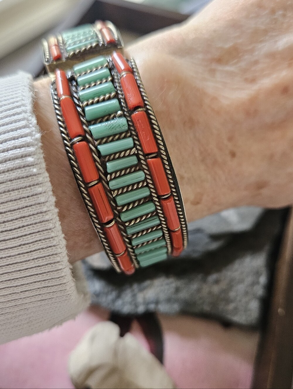 Vintage Tibetan Coral/Turquoise Stone Cuff